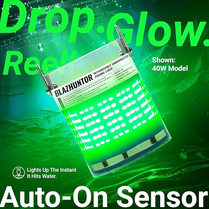 Rechargeable Underwater Fishing Light,Auto On in Water,Multi-Color Options, Up to 16000lm, IP68 Waterproof,No External Power,Cordless,Night Boat Dock Ice Fishing