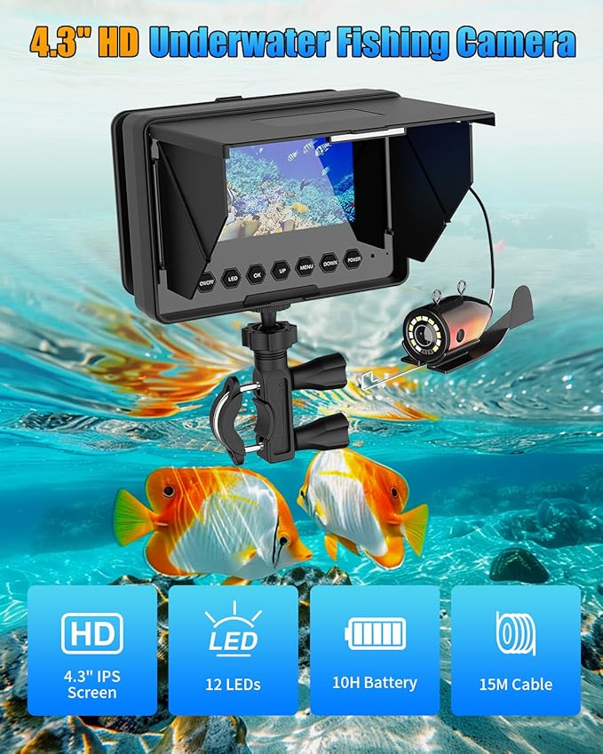 Underwater Fishing Camera, 4.3" IPS HD 1200TVL Fish Camera with 50ft Cable, 3X Zoom, 6 White & 6 IR LEDs for Kayak, Sea & River, 8500mAh Battery, Portable Underwater Camera for Fishing(Easy to Use)
