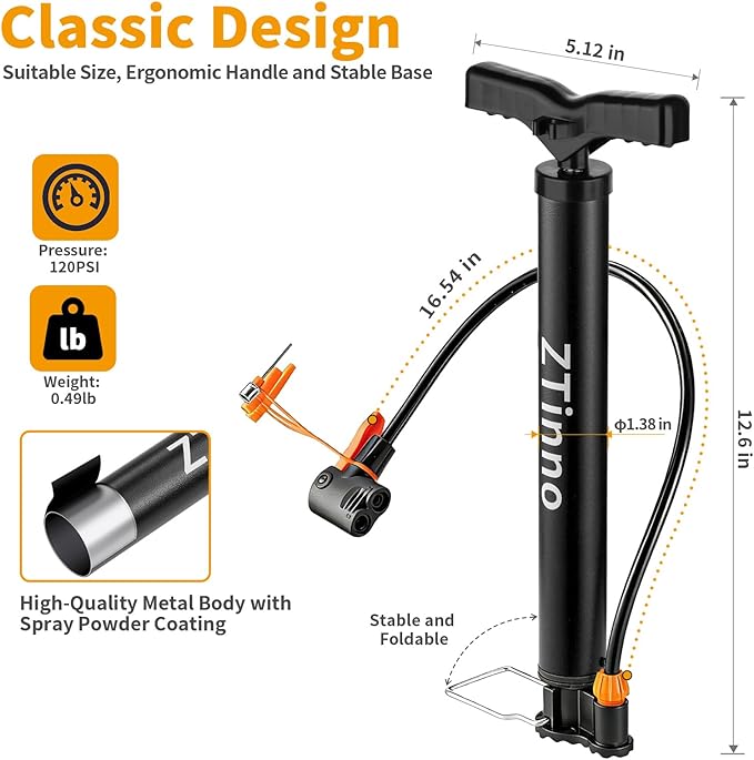 Floor Bike Pump Portable, Classic Bicycle Pump, Portable Bike Tire Pump with Dual Presta & Schrader Valves, Attached Ball Needles, Bike Air Pump for Bike Tires, Balls