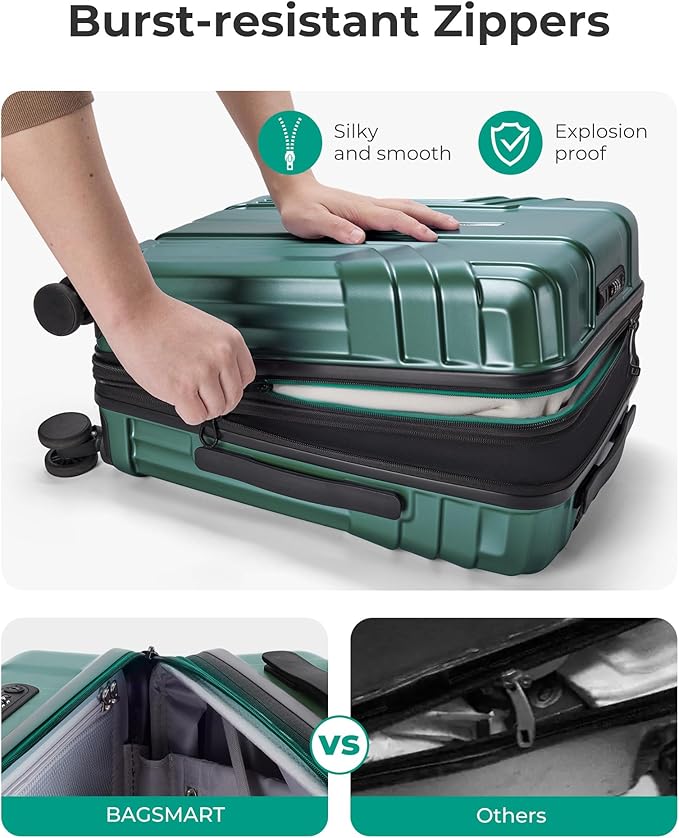 BAGSMART 拡張可能機内持ち込みスーツケース 22x14x9 航空会社承認済み 100%PC 軽量ハードシェル 20インチキャリーケース スピナーホイール付き オリーブグリーン
