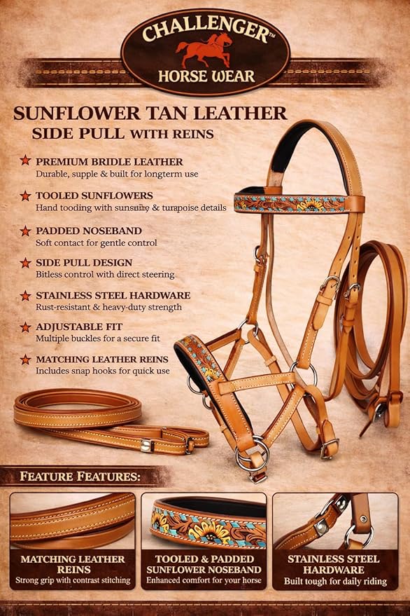 Horse Western Leather Sunflower Bitless Sidepull Bridle Split Reins 77RS27TN