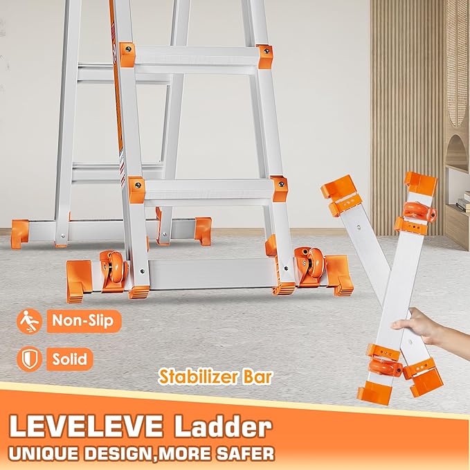 LEVELEVE 17フィート伸縮はしご、スタビライザーバーとホイール付きA型5段はしご、330ポンド耐荷重、階段/家庭/屋内/屋外/屋根用多目的はしご