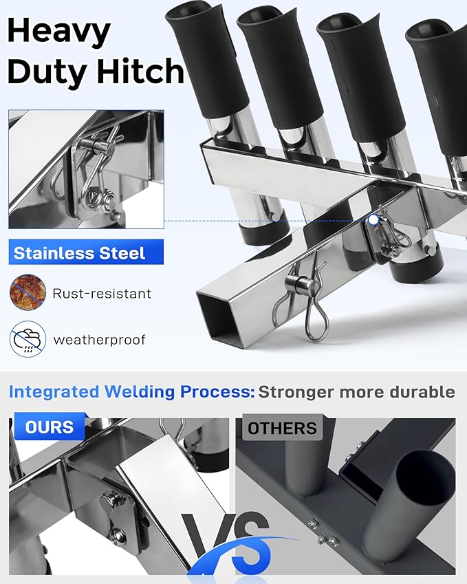 Adjustable Fishing Rod Holder for Truck 2" Hitch Receivers – Holds 6-10 Rods, 3 Angles, Quick Release, Anti-Shake Elastic Straps, Stainless Steel Fishing Pole Holder for Truck