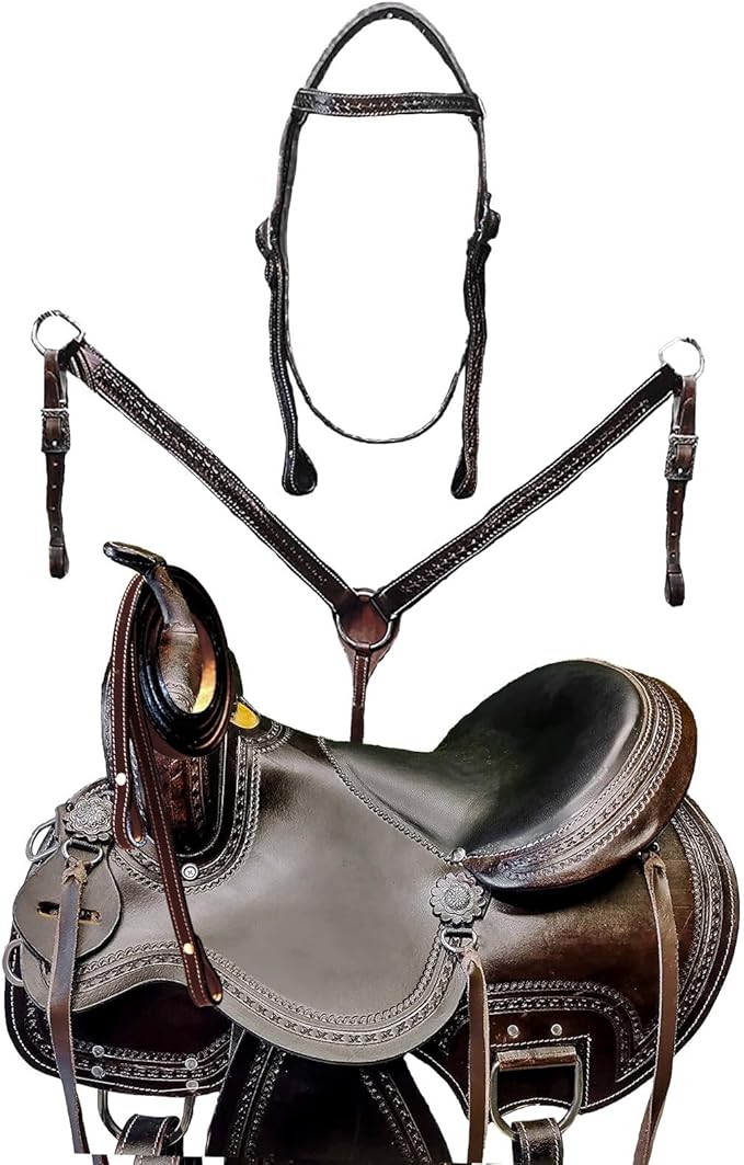 Barrel Brown Western Horse Trail Saddle Set Leather Horse Saddle with Headstall, Breast Collar Combo Rodeo Cowboy Riding Equestrian Comfortable Ride Black Saddle Tack Set