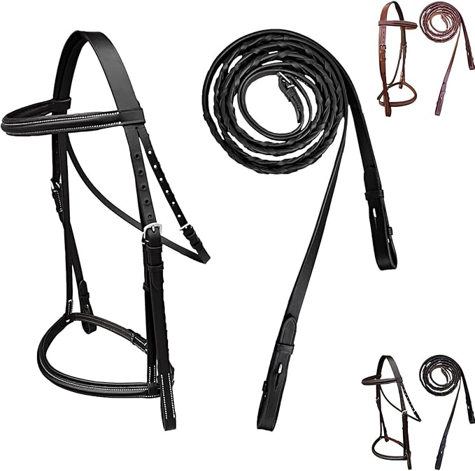 Majestic Ally Padded Raised English Bridle, Premium Leather, Matching Laced Reins
