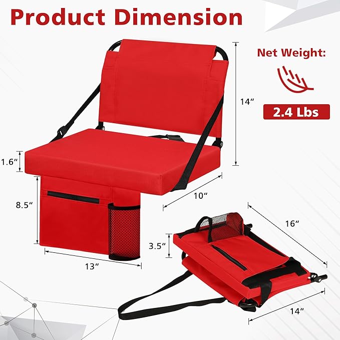Stadium Seats for Bleachers with Back Support Bleacher Seat Soft Cushion Light Weight Includes Shoulder Strap & Cup Holder, Front & Back Zipper Pocket, Suitable for Sports Events,Red