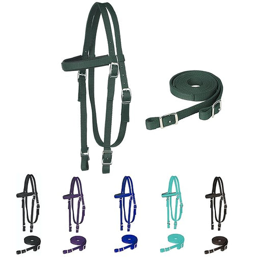 Majestic Ally Horse Headstall with Reins, Nylon Padded Browband, Multiple Colors (Hunter Green, Draft)