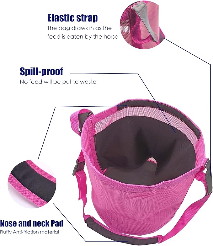 Horse Feed Bag for Grain - Heavy Duty Mesh Horse Feeder with Adjustable Strap,Comfort Neck Pad,Nose Pad Horse Muzzle (Medium,1Blue+1Pink)