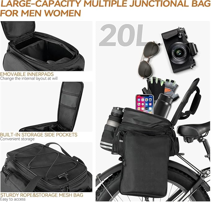 Bike Rack Bag,20L Large Capacity Waterproof PVC Bicycle Pannier Saddle Bag with Multiple Foldable Pockets for Rear Rack, Commuter Travel Outdoor Cycling Road Mountain Ebike,Reflective Strips, Black