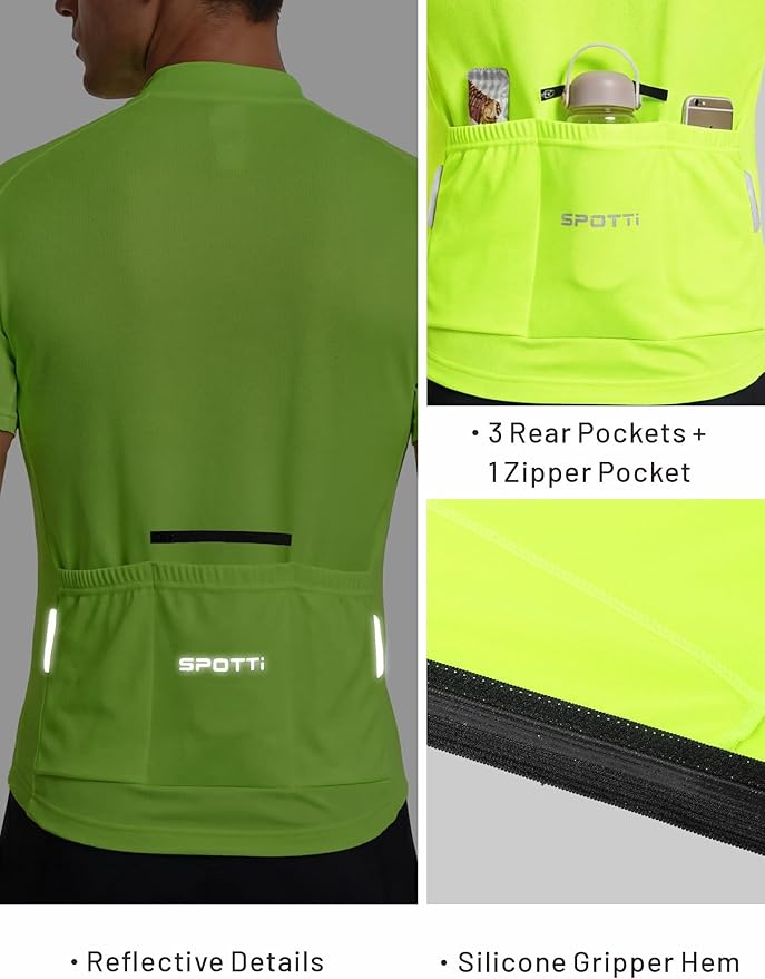 Spotti Men's Cycling Bike Jersey Short Sleeve with 3 Rear Pockets- Moisture Wicking, Breathable, Quick Dry Biking Shirt