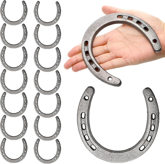 16 Pack Cast Iron Horseshoes, 4.5 × 4.3 in Good Luck Western Wall Decor Horseshoe, 5 Holes On Each Side for Wall Hunging, Rustic Horseshoes Decorations for Cowboy Wedding Western Country Party
