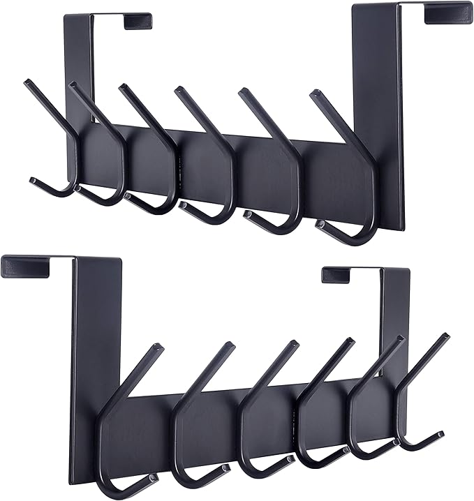 SKOLOO Over The Door Hook - for Doors up to 1-3/4'' Thickness, Black, No Assembly Required, Stainless Steel, Door Coat Rack for Entryway & Bathroom Hanging Coats, Backpack, Robes, Towels, Pack of 2