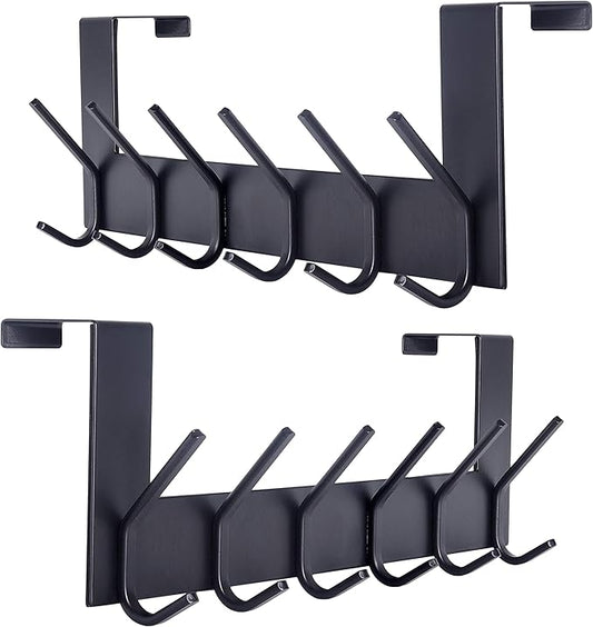 SKOLOO Over The Door Hook - for Doors up to 1-3/4'' Thickness, Black, No Assembly Required, Stainless Steel, Door Coat Rack for Entryway & Bathroom Hanging Coats, Backpack, Robes, Towels, Pack of 2