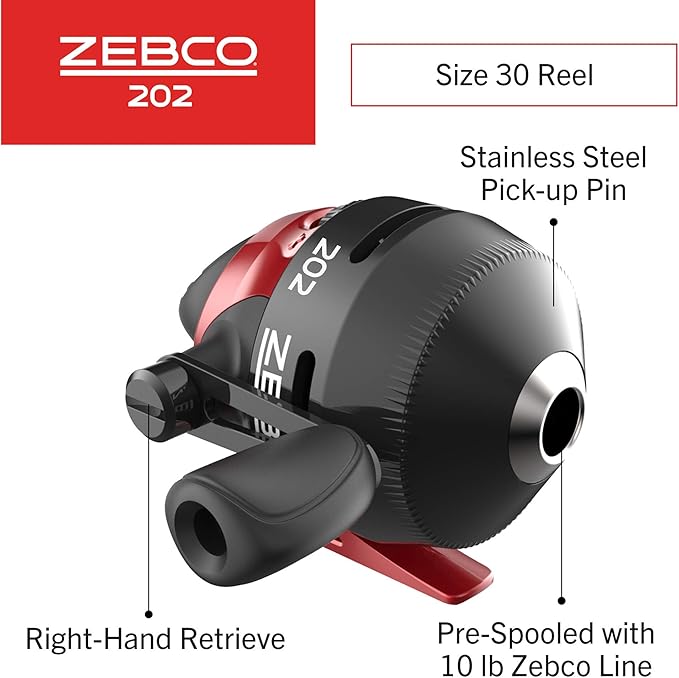 Zebco 202 & 404 スピンキャストリールと釣り竿コンボ（2個パック）、5フィート6インチ 2ピース釣り竿、サイズ30と40リール、右巻き、10ポンドと15ポンドのケイジャンラインがプリスプール済み、ブラック/レッド
