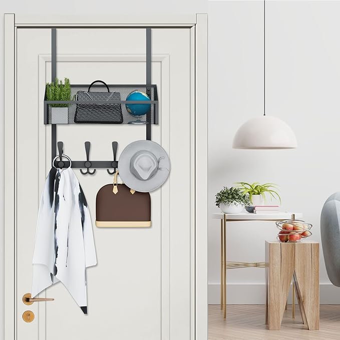 Over The Door Hooks Organizer, Coat Rack Over The Door Storage Hanger Towel Rack, Back of Door Storage Organizer for Bathroom,Bedroom,Kitchen,Office (Black, 2-Tier)