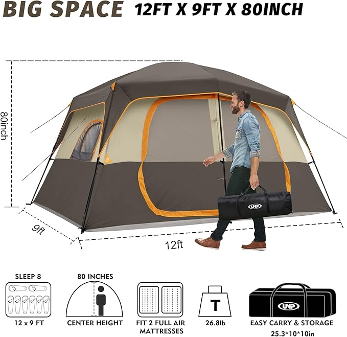 UNP 2/4/6/8 Person Tent, Portable Cabin Tent, Camping Tent 4-Person Easy Set Up, Waterproof with Top Rainfly for Outdoor Camping/Hiking