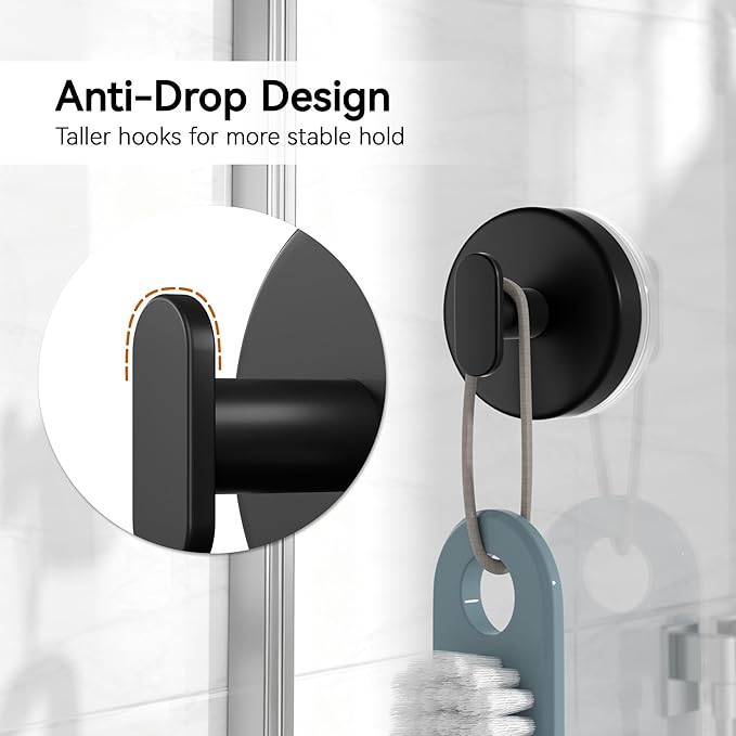 Suction Cup Hooks for Shower, Removable Towel Hooks for Bathroom, Kitchen, Glass Door, Mirror, Tile – Loofah, Towel, Coat, Bath Robe Hook for Hanging, Black 6 Pack