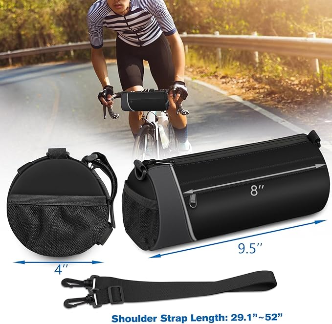 FINPAC Bike Handlebar Bag, Waterproof Bicycle Front Frame Storage Pouch for Cycling, Detachable Shoulder Strap, Mountain Road Bike Bag Bicycle Accessories, Black with reflective strips