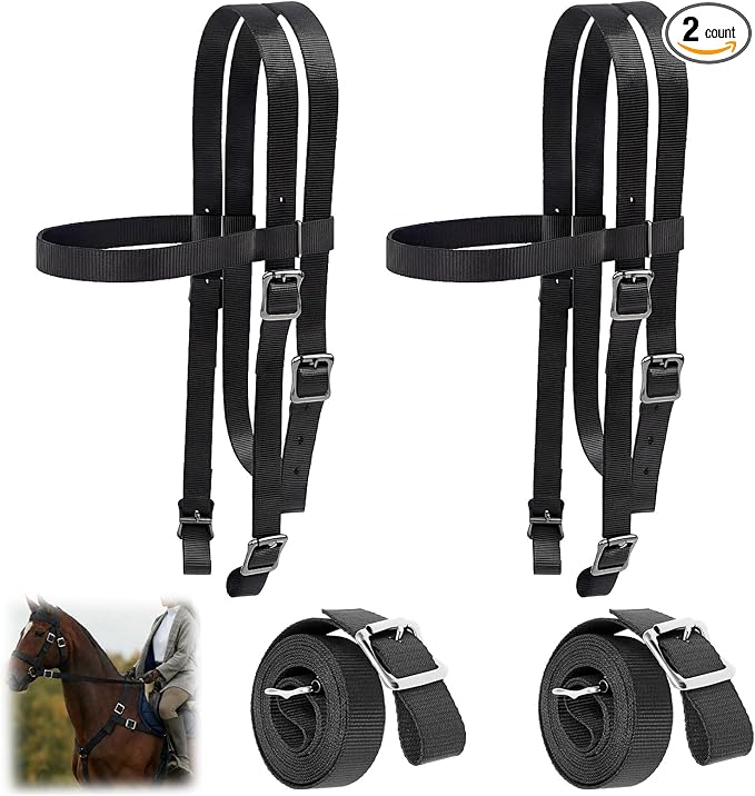 Simgoing 2 Pcs Horse Headstall with Reins, Western Horse Bridle, Nylon Padded Browband, for Horses Trail Riding Equine Tack Supplies Equestrian Lover Gifts, Black