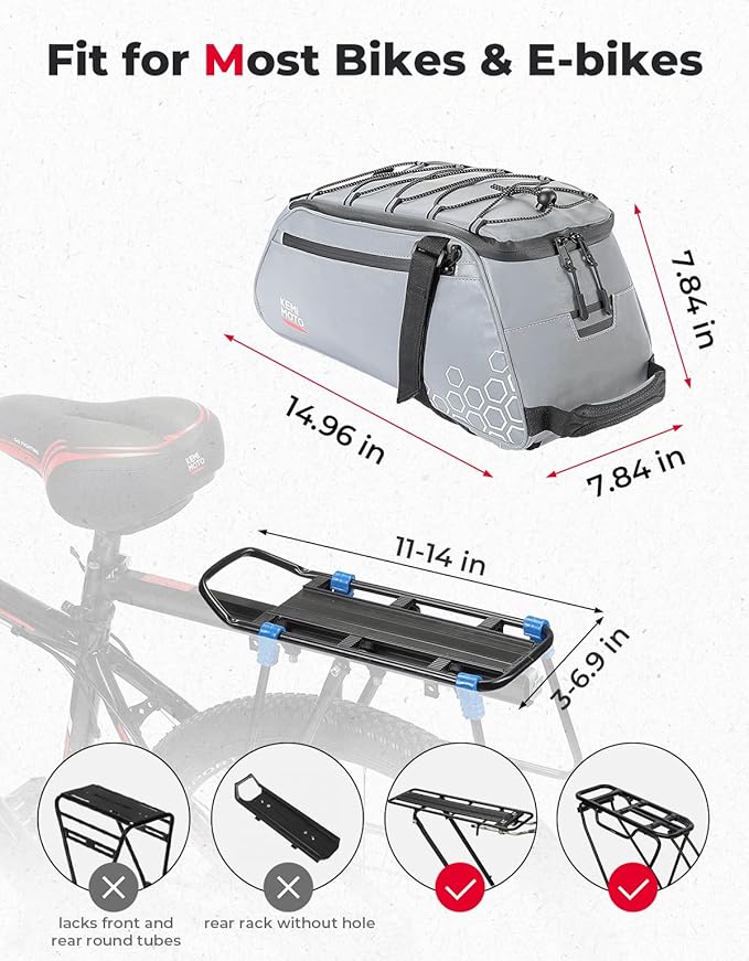 KEMIMOTO 11L Bike Bag for Bicycle Rear Rack, Fully Reflective 3-in-1 Carrying Style Bike Trunk Bag, Water-Resistant E-bike Saddle Pannier Bag with Shoulder Strap for Bike Backpack