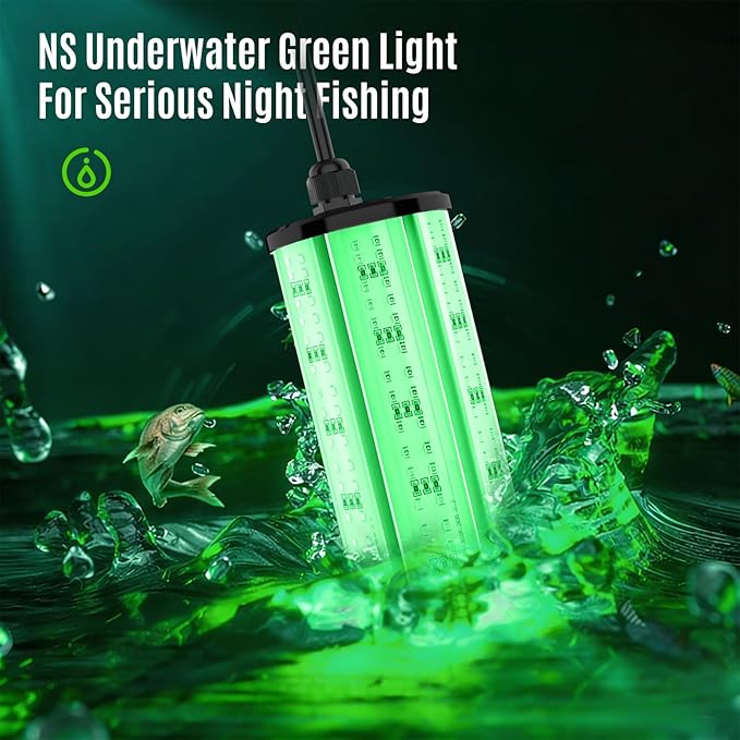 NS 60W 7500LM グリーン水中集魚灯、110V AC & 12V DC デュアル電源、LED水中ドック&ボートライト、クラッピー、池、カヤック用防水海水魚誘引キット
