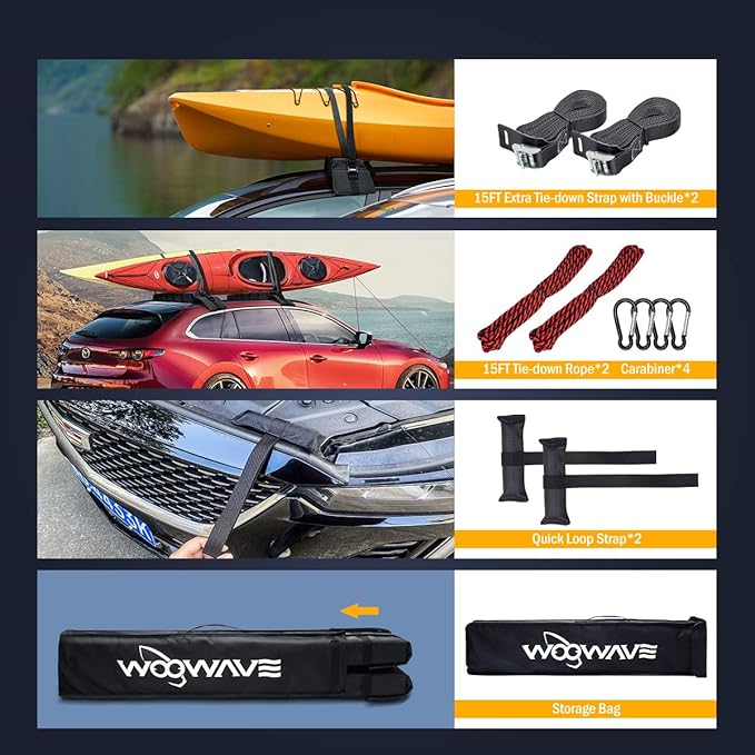 WOOWAVE Premium Kayak Roof Rack Pads Universal Soft Car Roof Rack Carrier for Canoe/Surfboard/Paddleboard/SUP/Snowboard with 6 Tie Down Straps, 2 Tie Down Rope, 2 Quick Loop Strap and Storage Bag