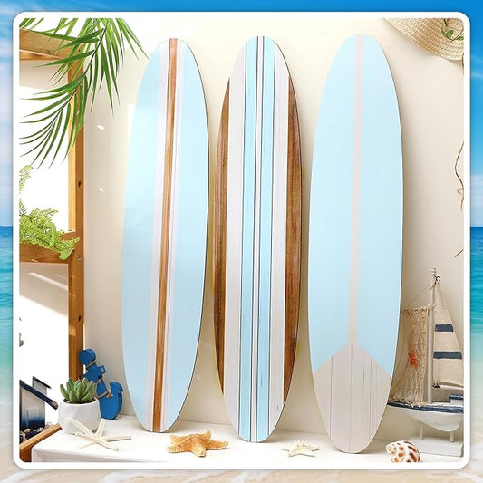 Gerrii 3 Pieces Surfboard Wall Decor 23.6" x 5.4" Preppy Beach Room Decor Aesthetic Large Wooden Cute Beachy Tropical Wall Art for Surfer Bedroom Bathroom Decorations(Blue,Stripe)
