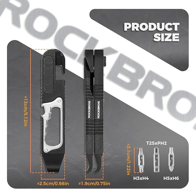 ROCKBROS Bike Tire Levers Kit - 14 IN 1 Portable Bike Multitool with Mini Ratchet Wrench, Bike Tire Levers, Cone Wrenches & File Blade for MTB, Road Bicycle