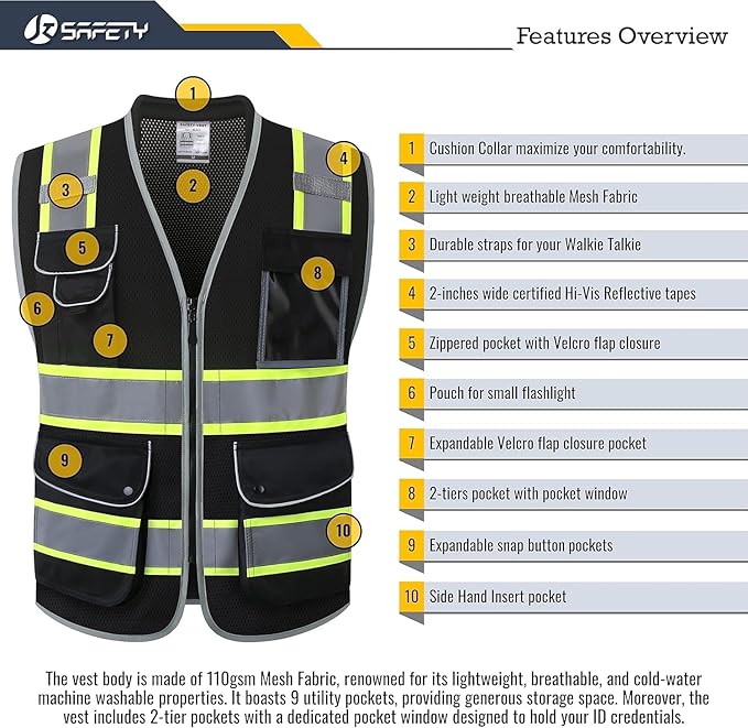 JKSafety 9 Pockets Hi-Vis Black Safety Vest for Men Women High Visibility Reflective Construction Mesh Fabric Cushioned Collar Work Utility PPE Work Gear ANSI/ISEA compliant (101-Black S)
