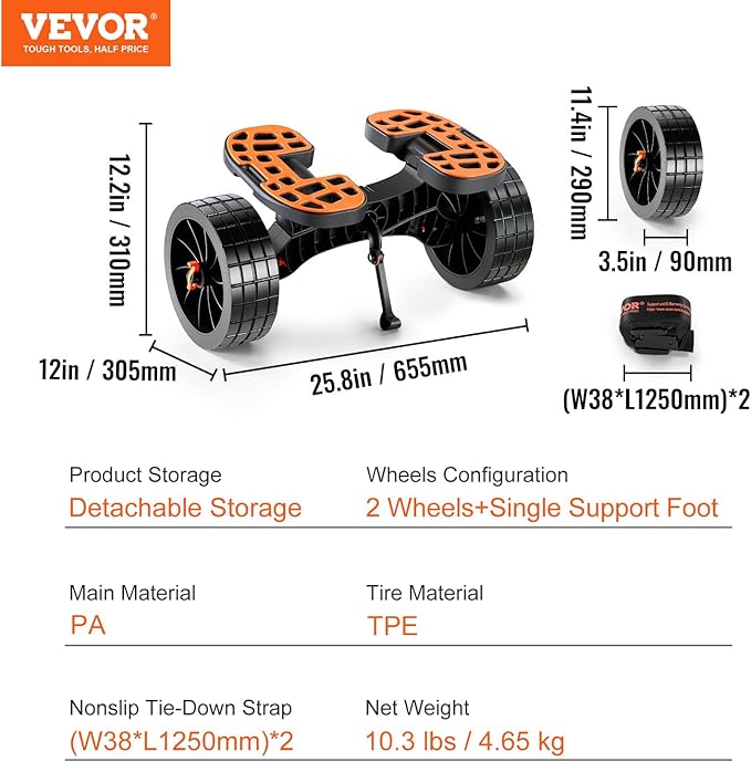 VEVOR Kayak and Canoe Trolley Cart with 10'' Solid Tires，320lbs Load Capacity with Adjustable Brackets and Straps，All-Terrain Durable Kayak Dolly cart