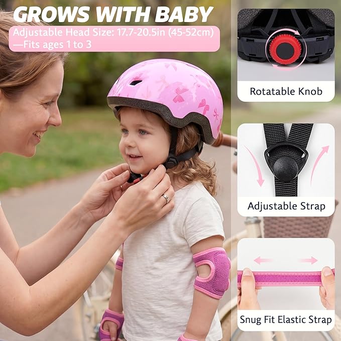 Toddler Helmet with Knee Pads and Elbow Pads Set for Kids Age 1-3, Adjustable Infant Baby Bike Helmet for Girls Boys for Balance Bike, Scooter, Bicycle