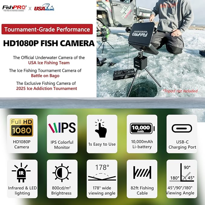 [FishPRO® 2026 Upgrade] NO.1 HD 1080P Underwater Fishing Camera 7'' IPS- w/10,000mAh (Ease to Use) N/DVR Ice Fishing Camera, Fish Finder Camera for Ice Lake Boat Fishing w/USB-C, LED+IR, 82ft