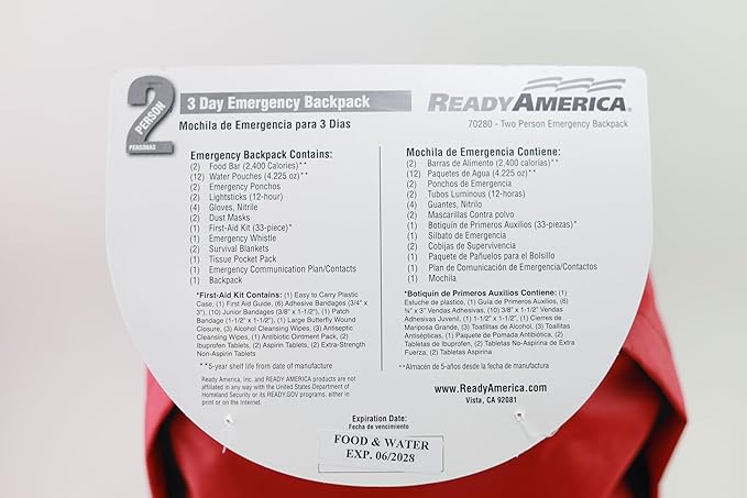 Ready America 70280 72時間緊急キット、2人用、3日用バックパック、ファーストエイドキット、サバイバルブランケット、ポータブル防災避難バッグ、キャンプ、車、地震、旅行、ハイキング、狩猟用、レッド