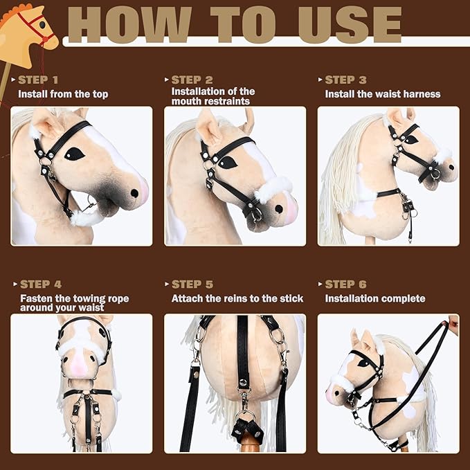 Shappy Hobby Horse Toy Accessories Realistic Horse Bridle with Metal Bit and Adjustable Reins, Faux Leather and Stainless Steel for Equestrian, Themed Events Competitions and Play(Black)