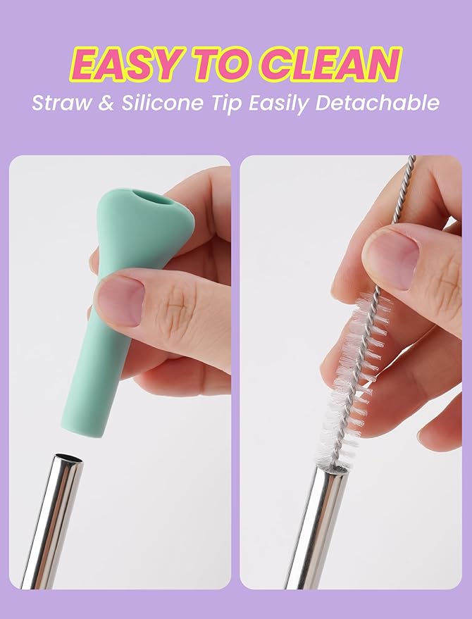 NiHome 6PCS Anti Wrinkle Straws with Silicone Widen Flat Tip Drinking Metal Straw, Fit for Stanley 20/30/40 oz Tumbler, Reusable Wrinkle Free Stainless Steel Long Straw, Brushes & Carry Bag (Macaron)