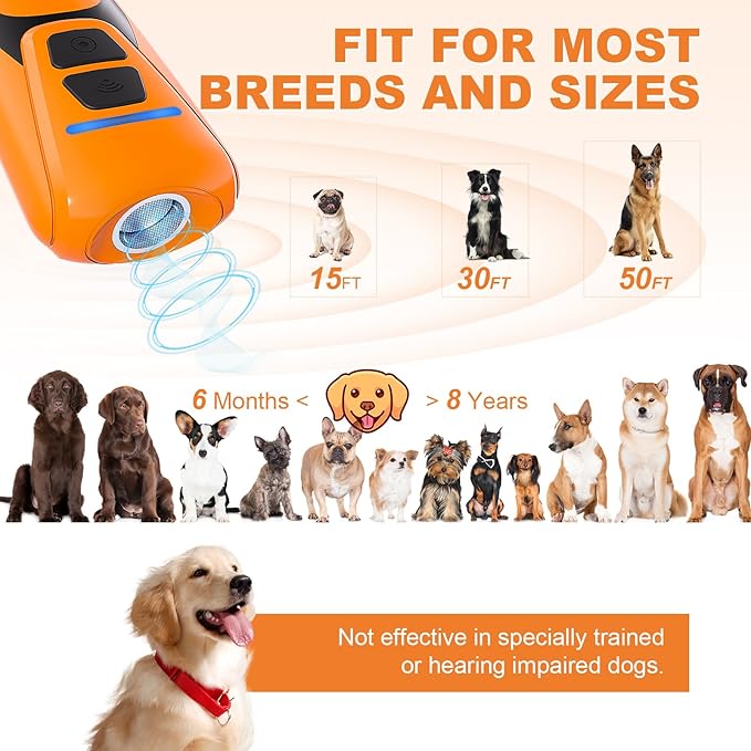 Dog Bark Deterrent Devices, Ultrasonic Anti Barking Device for Dogs, Up to 50FT Long Range Rechargeable Bark Control Safe for Dogs & Human Portable Indoor Outdoor (Orange, 4.5 x 2 x 1 inches)