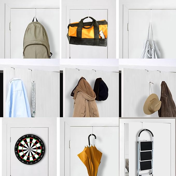 Over The Door Hooks, 8 Pack Steel Door Hangers Hook w/Rubber Coating, Fit 0.7''-1.4'' Door Width, Organizer for Living Room, Bedroom, Bathroom, Kitchen Hanging Clothes, Towels, Hat, Bag