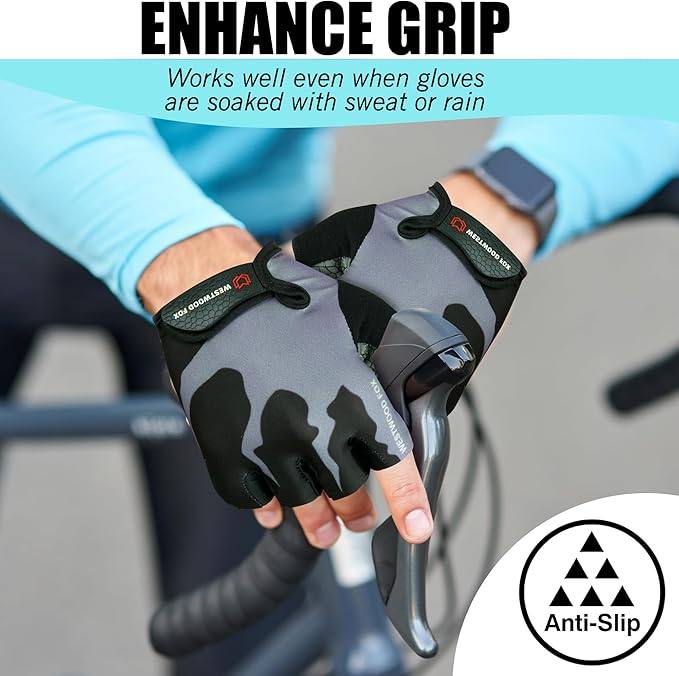 WESTWOOD FOX Cycling Gloves Half Finger Unisex Padded Grips Palm Bicycle Summer MTB Bike Gloves for Men Women Non-Slip Fingerless Short Mountain Bike Sports Hiking Climbing Gym
