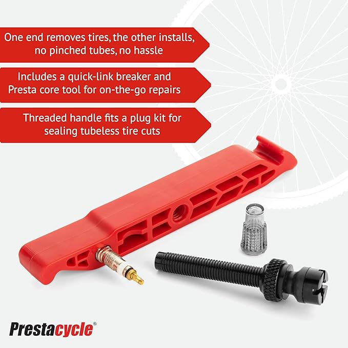 Prestalever GO – 5-in-1 Multi-tool Tire Lever for Bikes, IndeGO Purple, Tire Remover, Installer, Presta Valve Core Tool, Quick-Link Chain Breaker & Tubeless Tire Plugger Adapter
