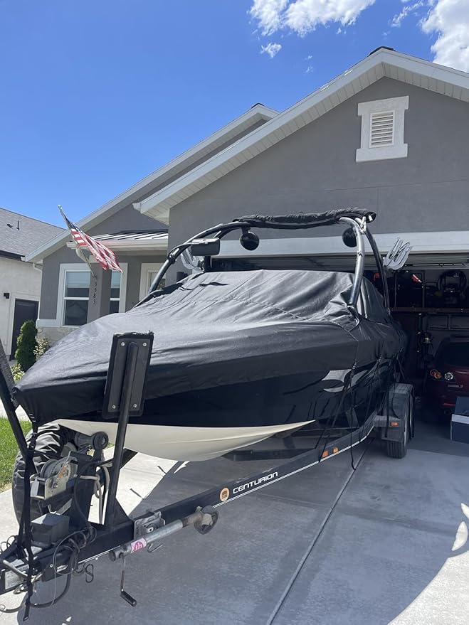 Tuszom 1200D 100% Waterproof Ski & Wakeboard Tower Boat Cover Tear-Proof Trailerable Full Size Boat Cover for Boats with Ski Or Wakeboard Towers (Black, 17'-19'L, Beam Width to 102" W)