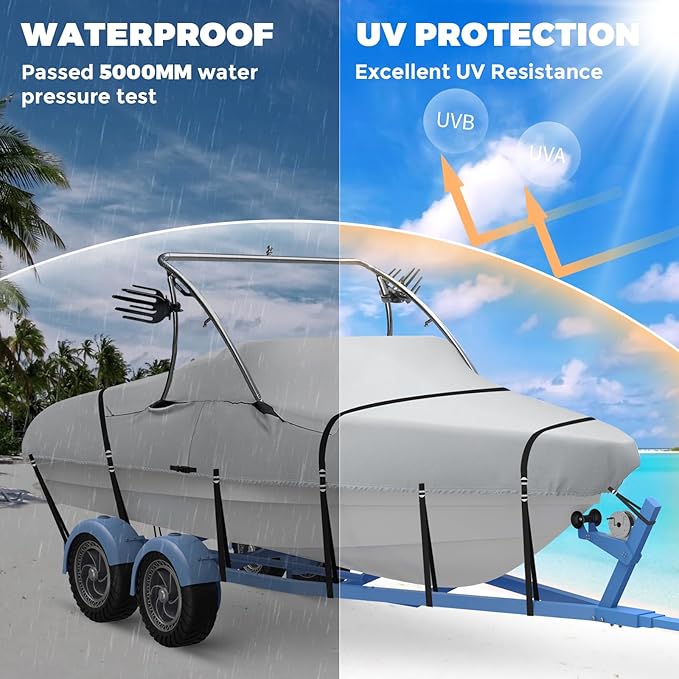 Ski & Wakeboard Tower Boat Cover, Full Metal Buckles Boat Cover, 100% Solution-Dyed Polyester Waterproof Tear and Fade Resistant, Fits 17-19ft V-Hull Runabout Tournament Boat with Ski/Wakeboard Tower