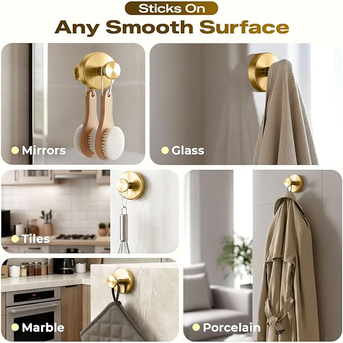 Upgraded Suction Cup Hooks for Shower, Heavy Duty Removable Towel Hooks for Bathroom Glass Door Wall, Stainless Steel Shower Hooks for Towel & Loofah (2 Pack, Gold)