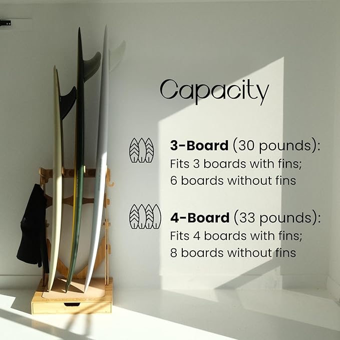 LISS Spirit Surfboard Rack Stand Holder for 3 & 4 Boards, Indoor Storage Display for Longboard, Shortboard, Snowboard, Wakeboard, Skateboard Up to 10Ft Long