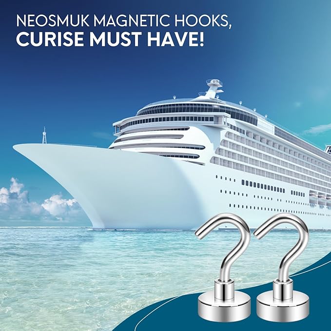 Neosmuk Magnetic Hooks, Heavy Duty 30lb+ Strong Magnet Hook for Cruise Cabins, Cruise Ship Essentials for Hanging, Metal Wall Refrigerator Hangers (Silver White, 10 Pack)
