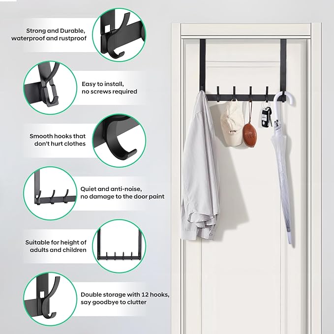 Over The Door Hooks - NO Nail Door Hanger Hook,NO Assembly REQUIERDE Coat Rack on Door with 12 Hooks,Over The Door Towel Racks for Bathroom,Bedroom,Kitchen,Hanging Towels,Coats (Black)