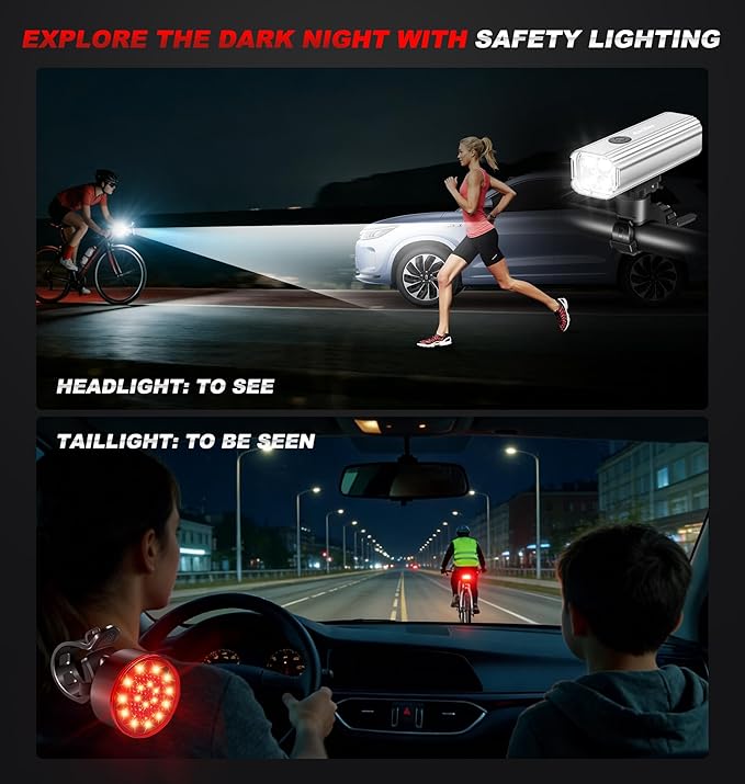 Ascher 1000 Lumens Super Bright Bike Lights for Night Riding, Type-C USB Rechargeable Bike Light Front and Back, 4 Light Modes, Waterproof Bicycle Headlight & Rear Taillight for Road Commuter Cycling