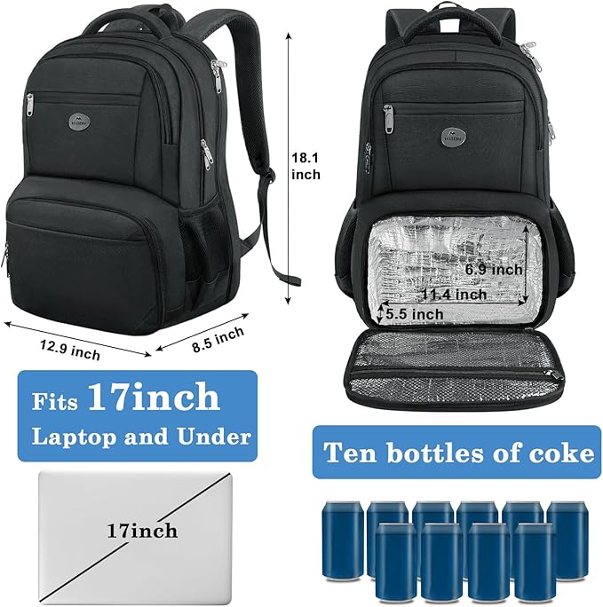 MATEIN Lunch Backpack for Men Work, Sturdy 17 Inch Laptop Backpack with Lunch Compartment, Water Resistant Work Bag with Padded Straps, Anti Theft Computer Back Pack for Office Commute College