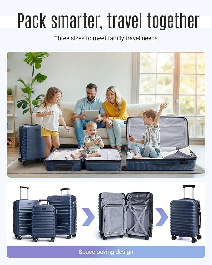 LIGHT FLIGHT スーツケースセット 3点セット、スピナーホイール付き丈夫なスーツケースセット 3個、TSAロック付きハードサイド軽量荷物、大型チェックイン旅行用スーツケース、20/24/28インチ、ダークブルー