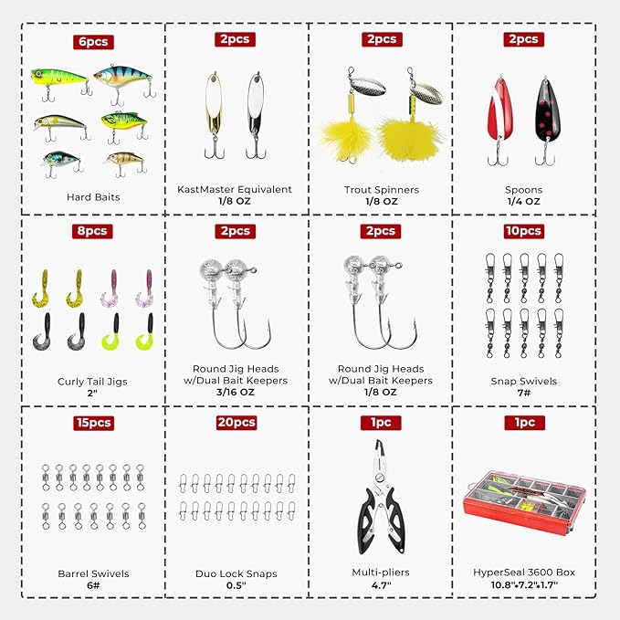 MadBite by KastKing 182/265/400pcs Compact Fishing Tackle Kit - All-in-One Freshwater Hooks, Weights, Bobbers in Tackle Box, Fishing Gear Set for Bass Trout Panfish