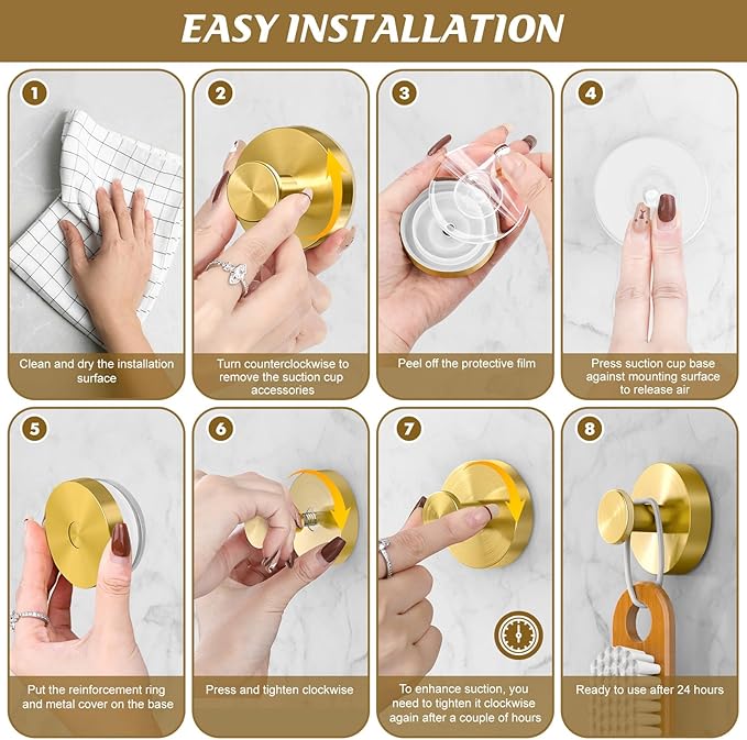 BKV Suction Cup Hooks for Glass Window,Removable Shower Hooks for Inside Shower,Metal Towel Hooks for Bathrooms,6 Pack(Gold)